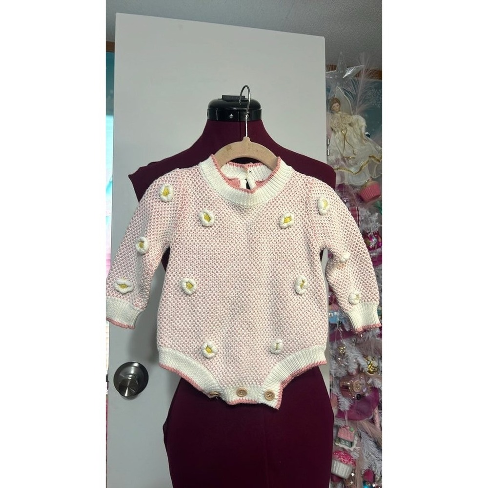 Unbranded Knit Romper Kids Baby Pink White Good 3D Floral Popcorn Bodysuit